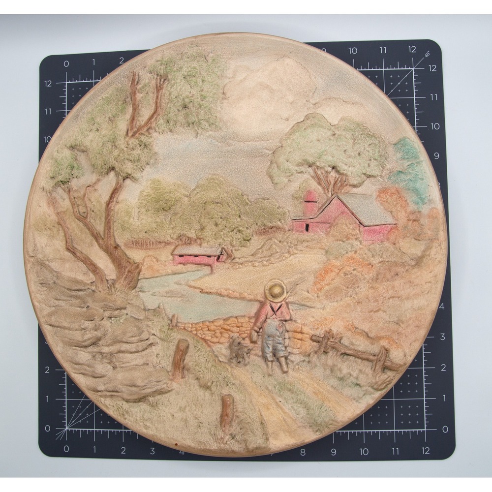Vintage 3D Relief Wall Plate Farm Boy Barn Covered Bridge Country Scene 12.5"